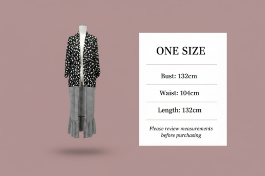 Size chart - Bust: 132cm, Waist: 104cm, Length: 132cm