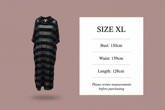 Size chart - Bust: 150cm, Waist: 159cm, Length: 128cm