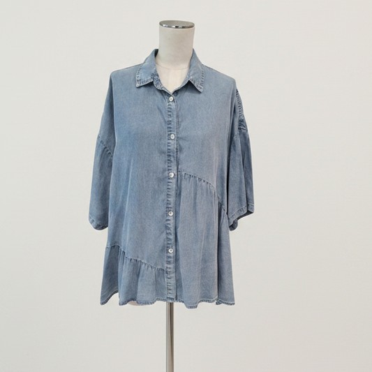 Eb & Ive - Denim Frill Top - One Size - Front