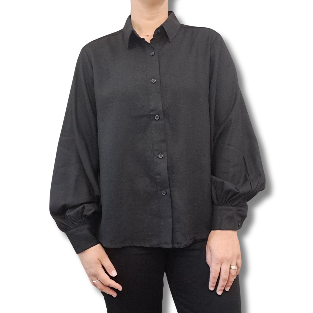 Her Apparel - Cleo Balloon Sleeve Shirt - Black - Front