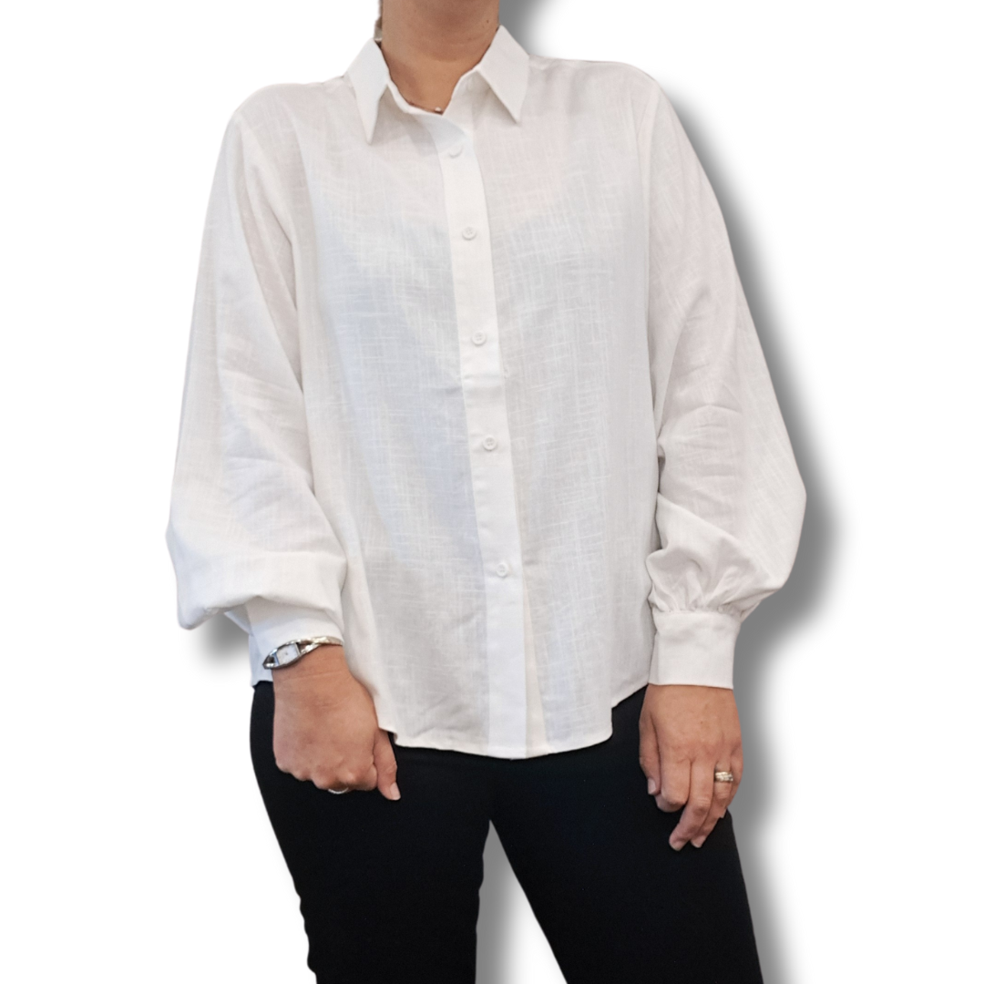 Her Apparel - Cleo Balloon Sleeve Shirt - White - Front