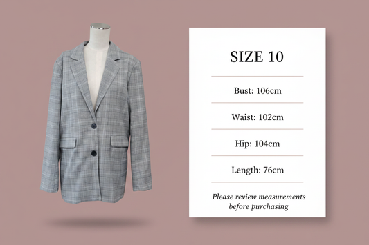 Size chart - Bust: 106cm, Waist: 102cm, Hip: 104cm, Length: 76cm