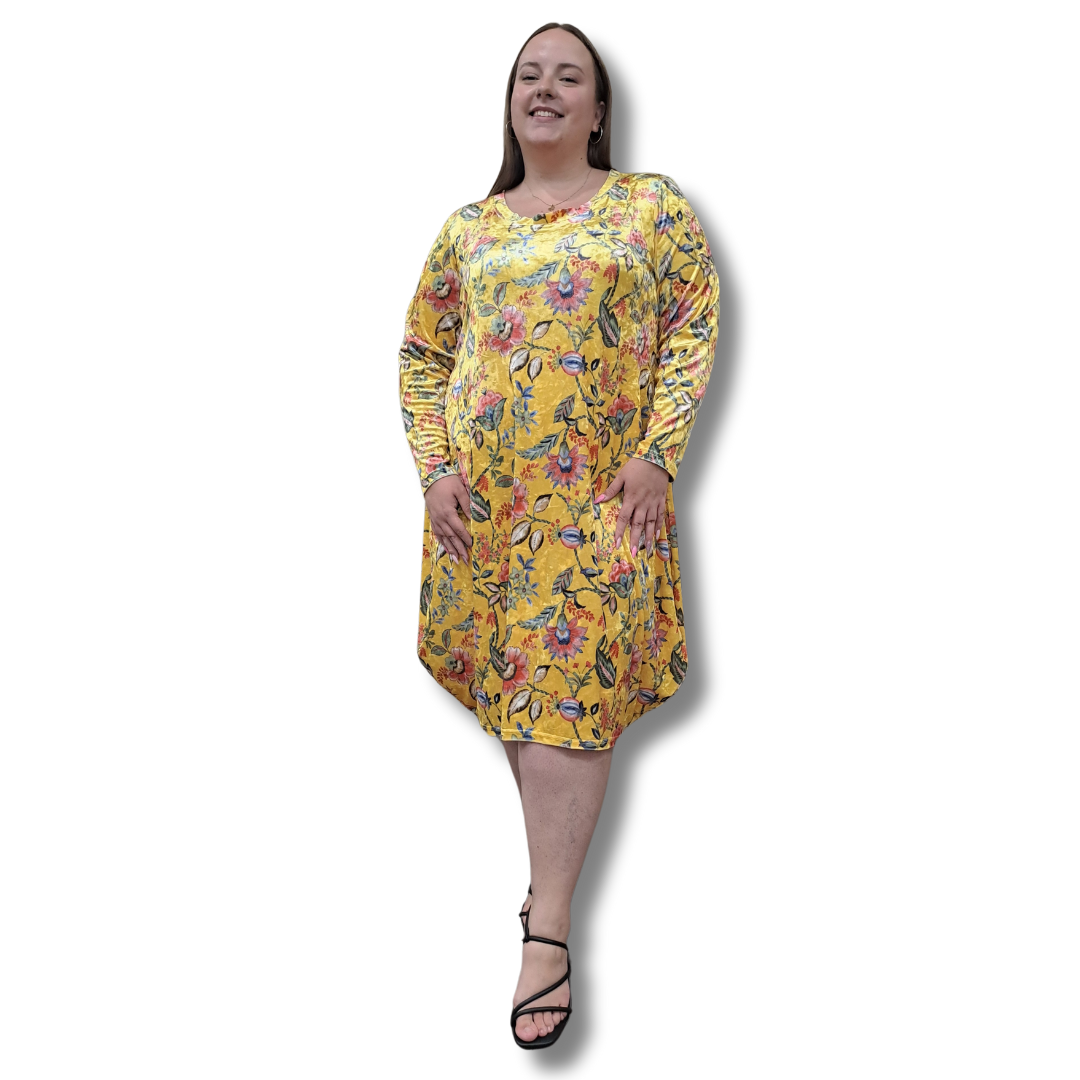 Magazine - Floral Yellow Velvet Dress - Front View