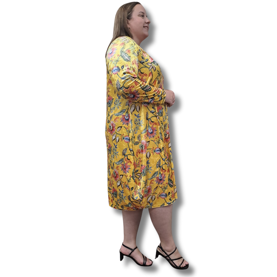 Magazine - Floral Yellow Velvet Dress - Side View