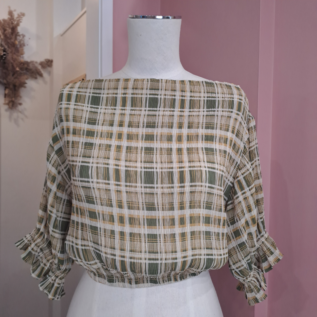 Ruby - Crinkle Olive Gingham Crop - Size 6