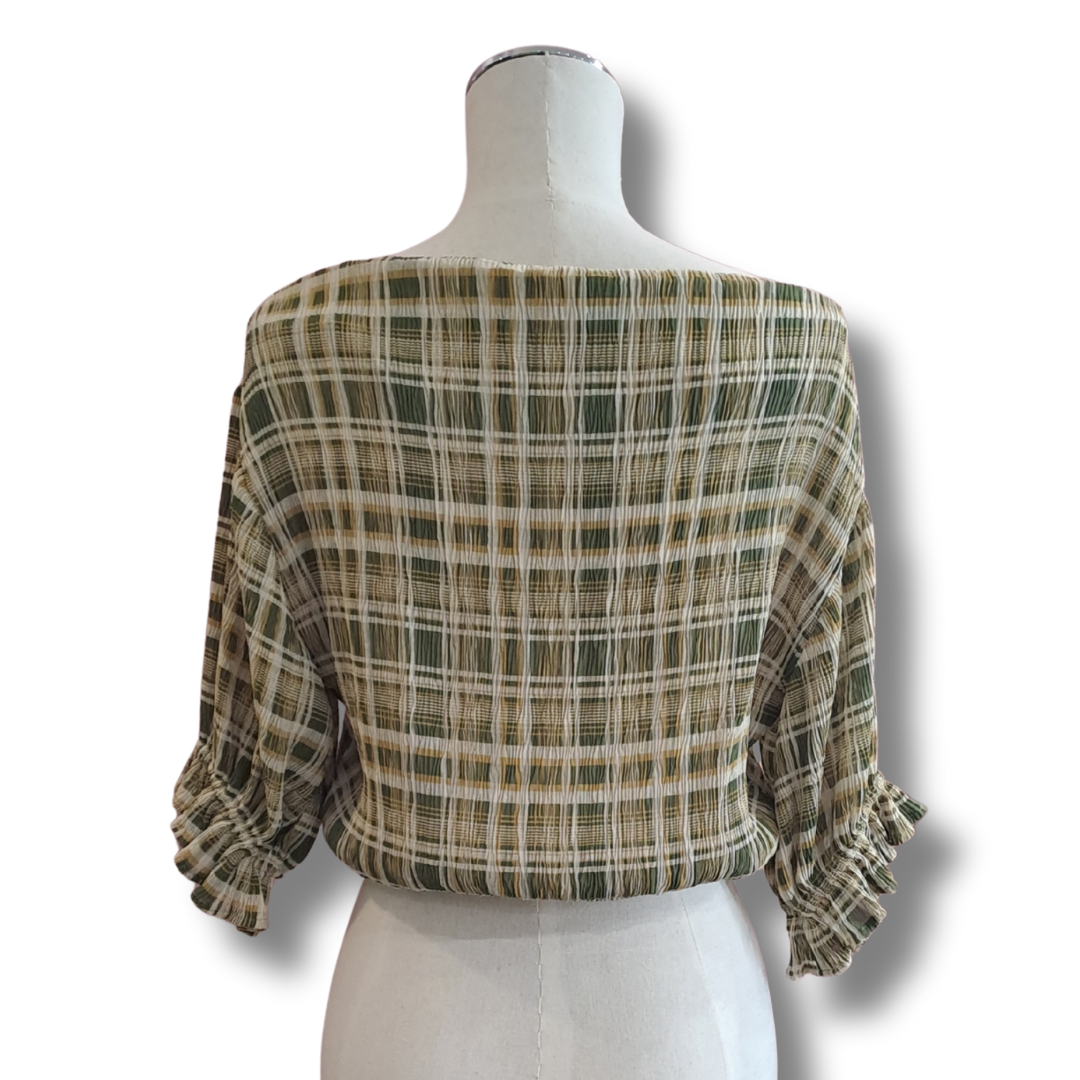 Ruby - Crinkle Olive Gingham Crop - Size 6 - Back