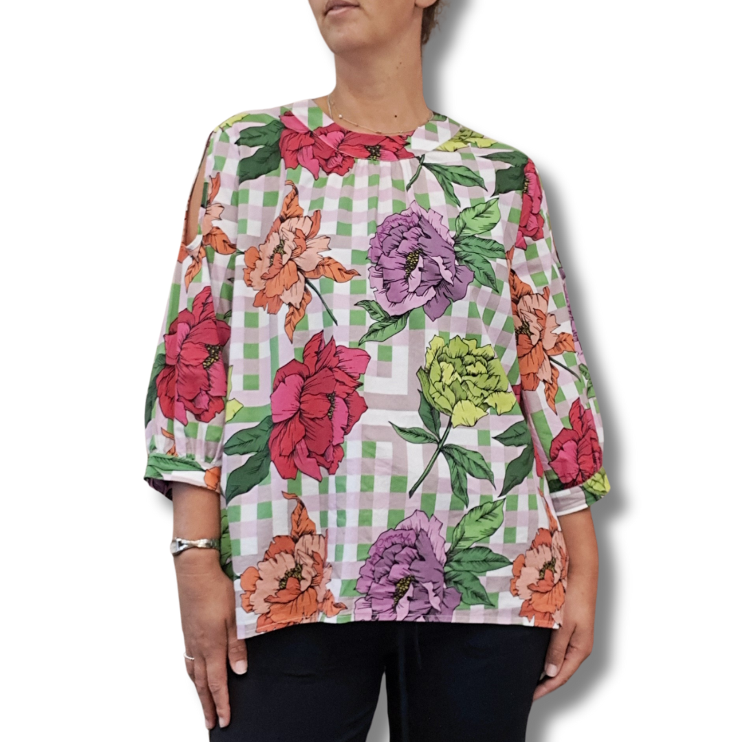 Annah Stretton - Floral Check Top - Front View