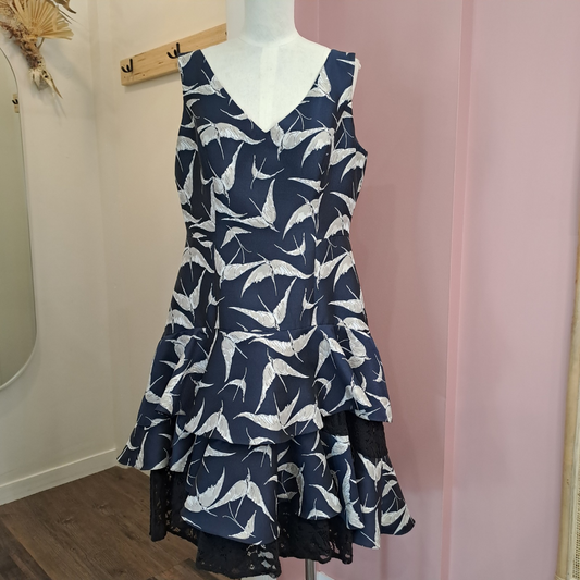 Anthea Crawford - Bird & Lace Frill Dress - Size 14