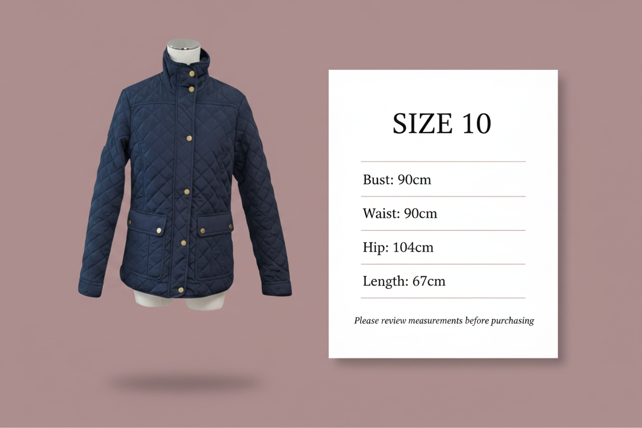 Size chart - Bust: 90cm, Waist: 90cm, Hip: 104cm, Length: 67cm