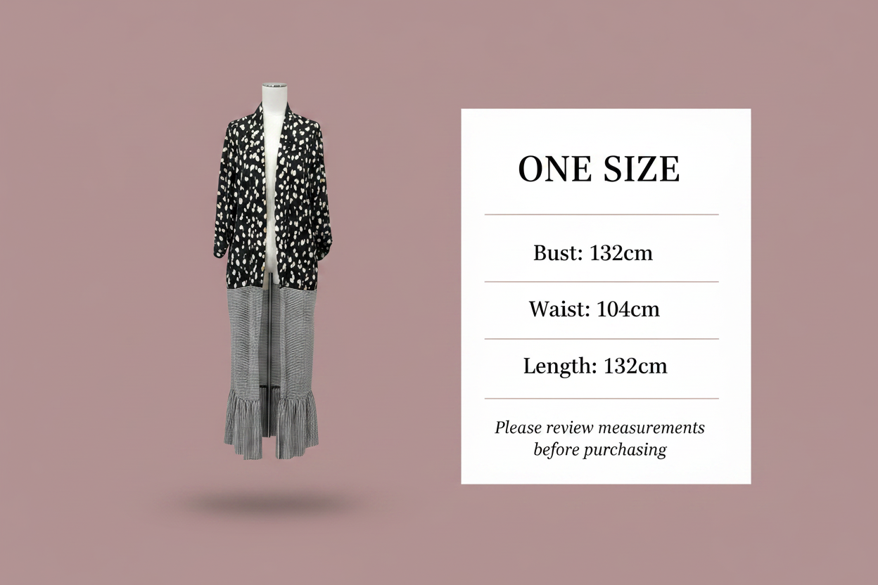Size chart - Bust: 132cm, Waist: 104cm, Length: 132cm