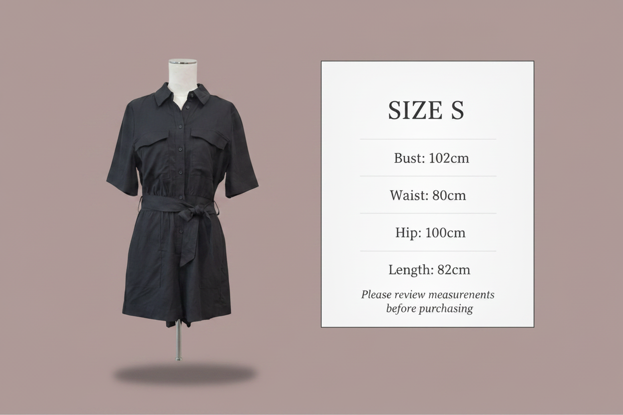 Size chart - Bust: 102cm, Waist: 80cm, Hip: 100cm, Length: 82cm