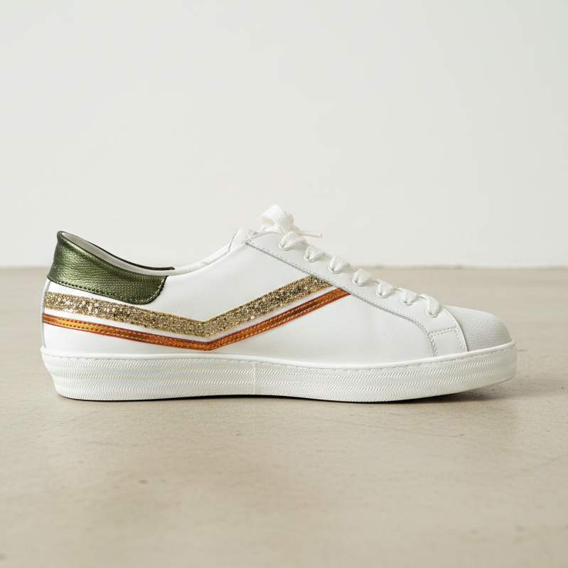 D.O.F - White Green Glitter Trainers - Side View