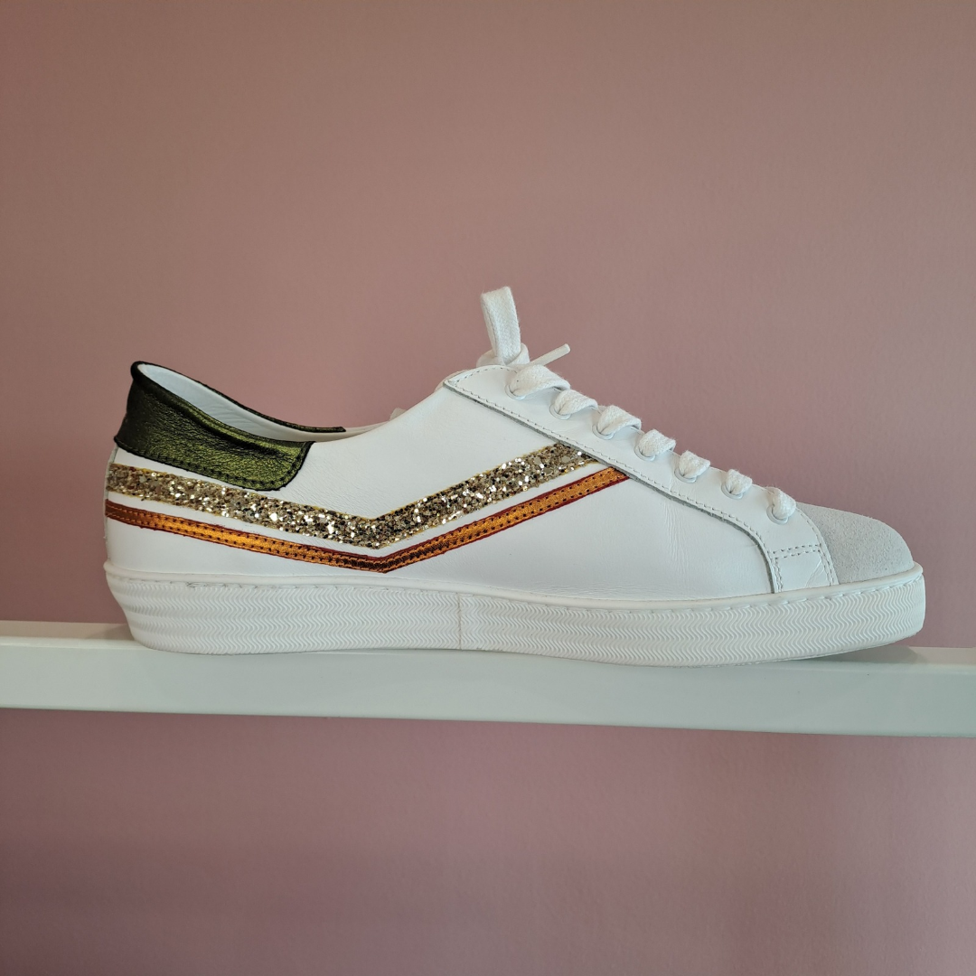 D.O.F - White Green Glitter Trainers - Side View