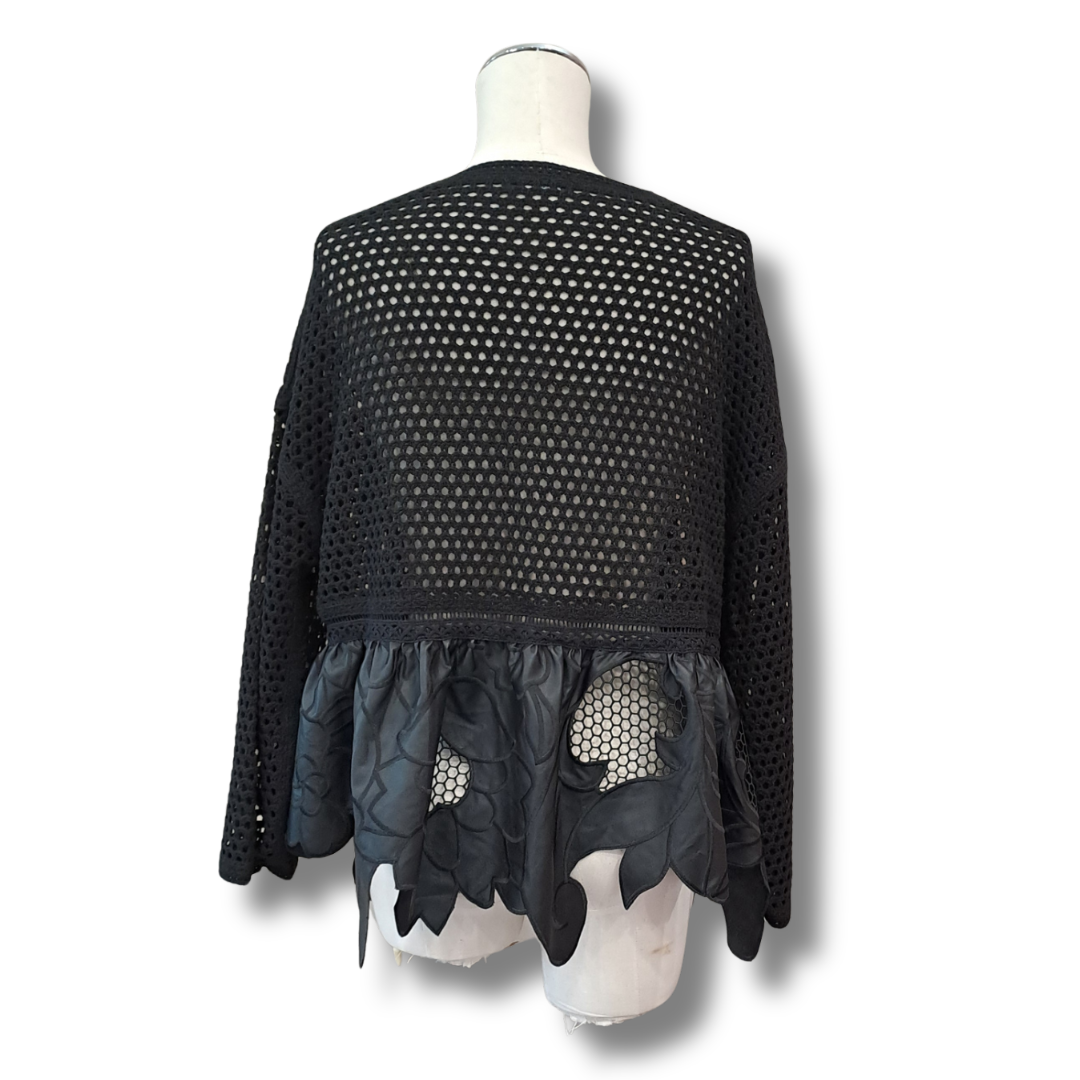 Initial - Faux Leather Lace Patch Cardigan - Size S - Back
