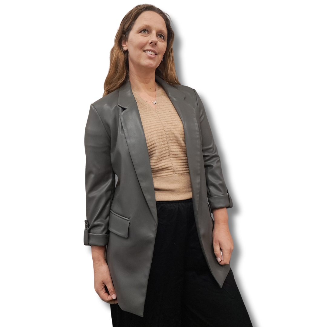 Joseph Ribkoff - Avocado Faux Leather Blazer - Front View