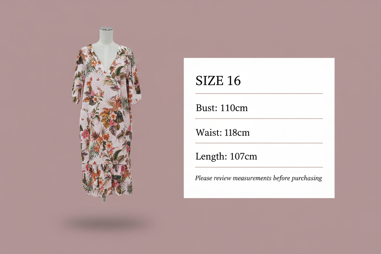 Size chart - Bust: 110cm, Waist: 118cm, Length: 107cm