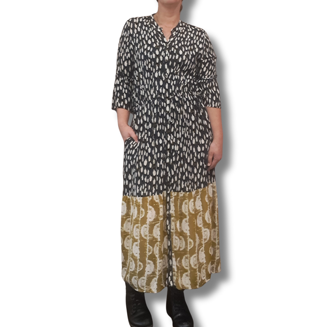 Marco Polo - Navy Print Button Up Dress - Front View