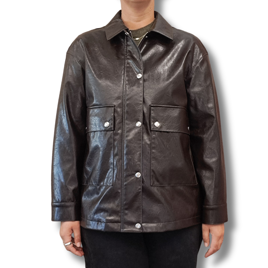 Marks & Spencer - Butter Chocolate Faux Leather Jacket - Size 12 - Front