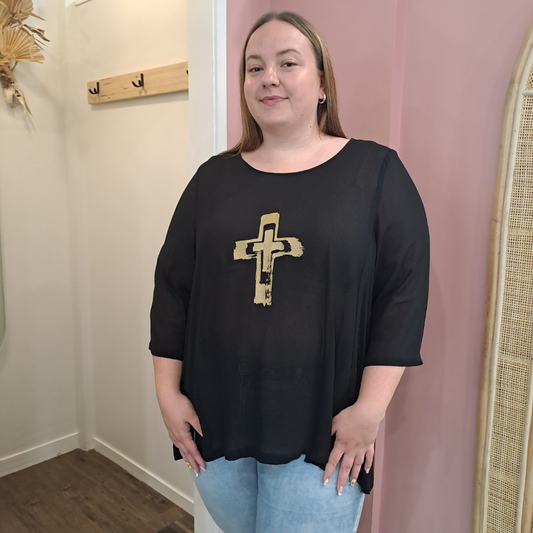 Niovara - Gold Cross Print Top - Size 22