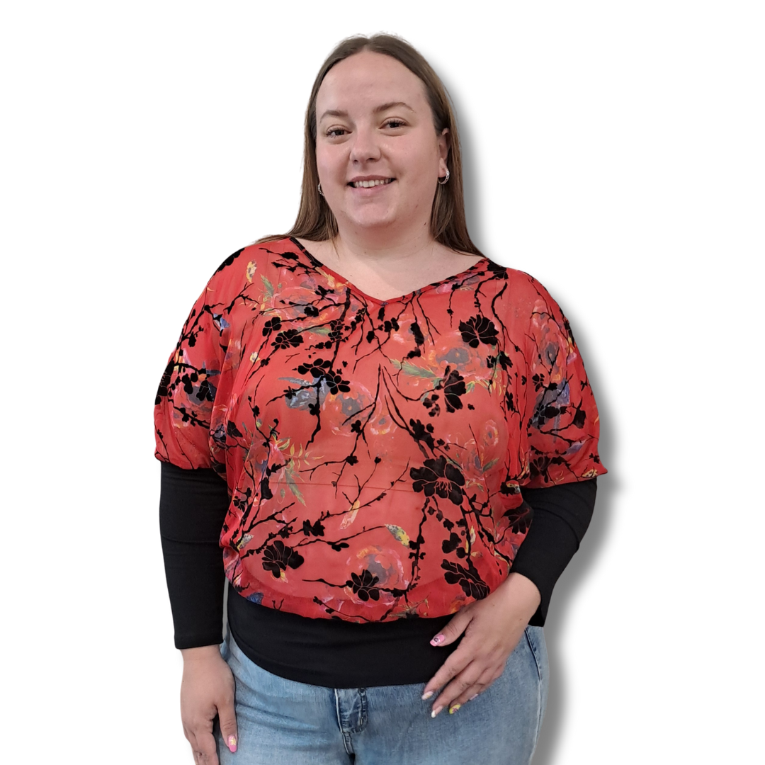 Oosh - Floral Velvet Top - Size 2XL - Front
