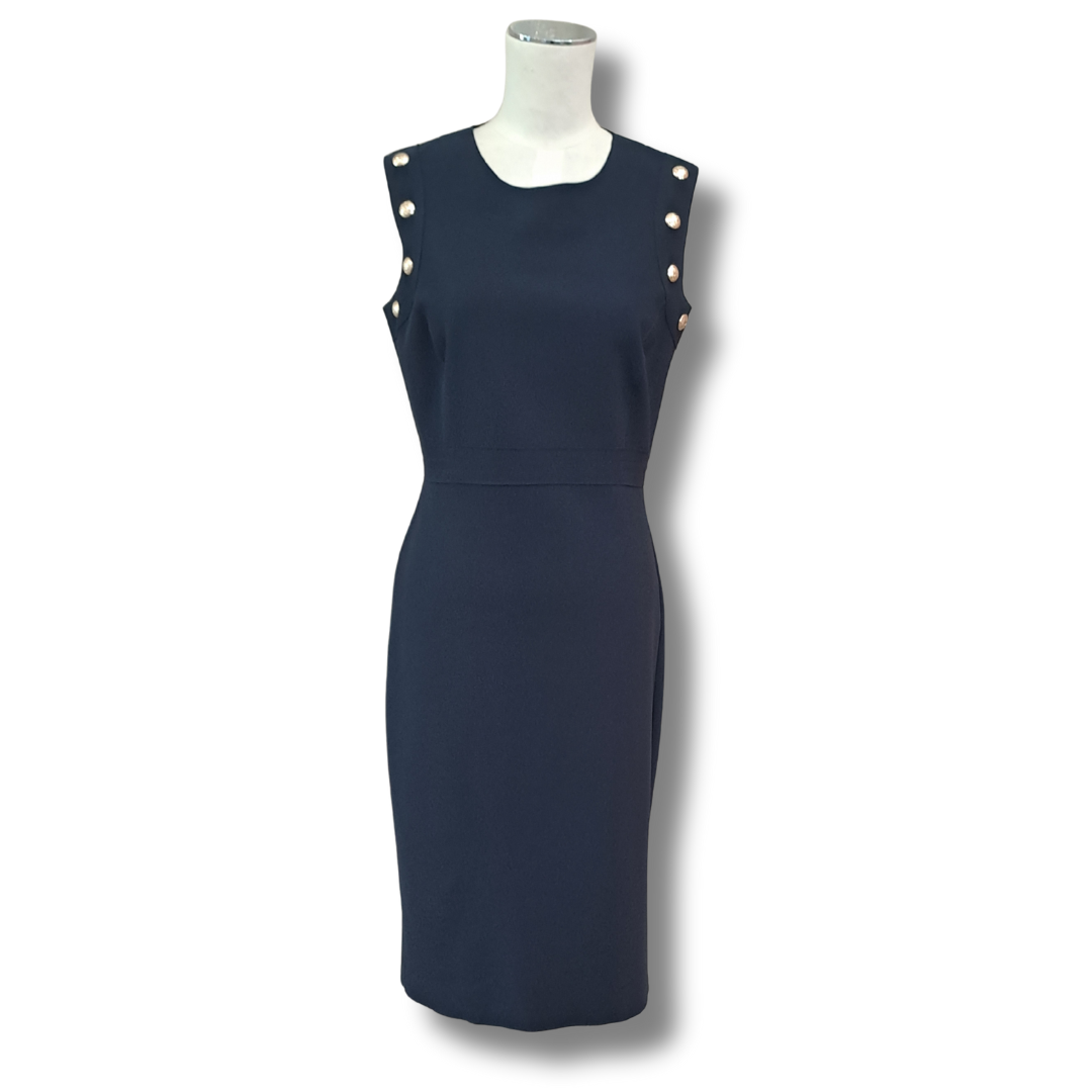 Paula Ryan - Navy Stud Trim Bonded Sheath Dress - Size S - Front