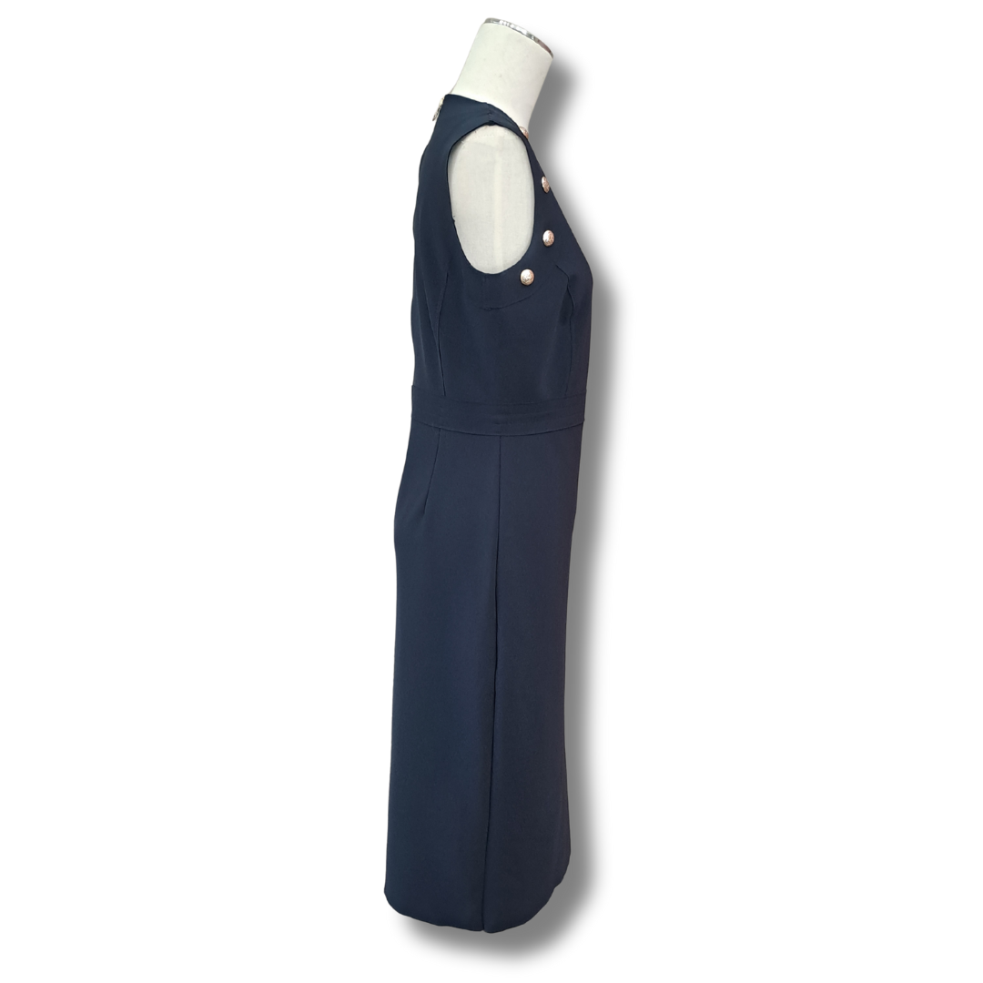 Paula Ryan - Navy Stud Trim Bonded Sheath Dress - Size S - Side