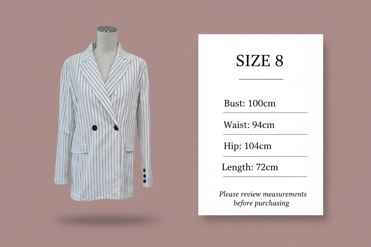 Size chart - Bust: 100cm, Waist: 94cm, Hip: 104cm, Length: 72cm