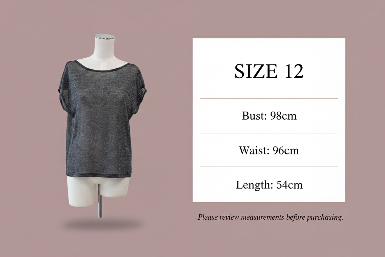 Size chart - Bust: 98cm, Waist: 96cm, Length: 54cm
