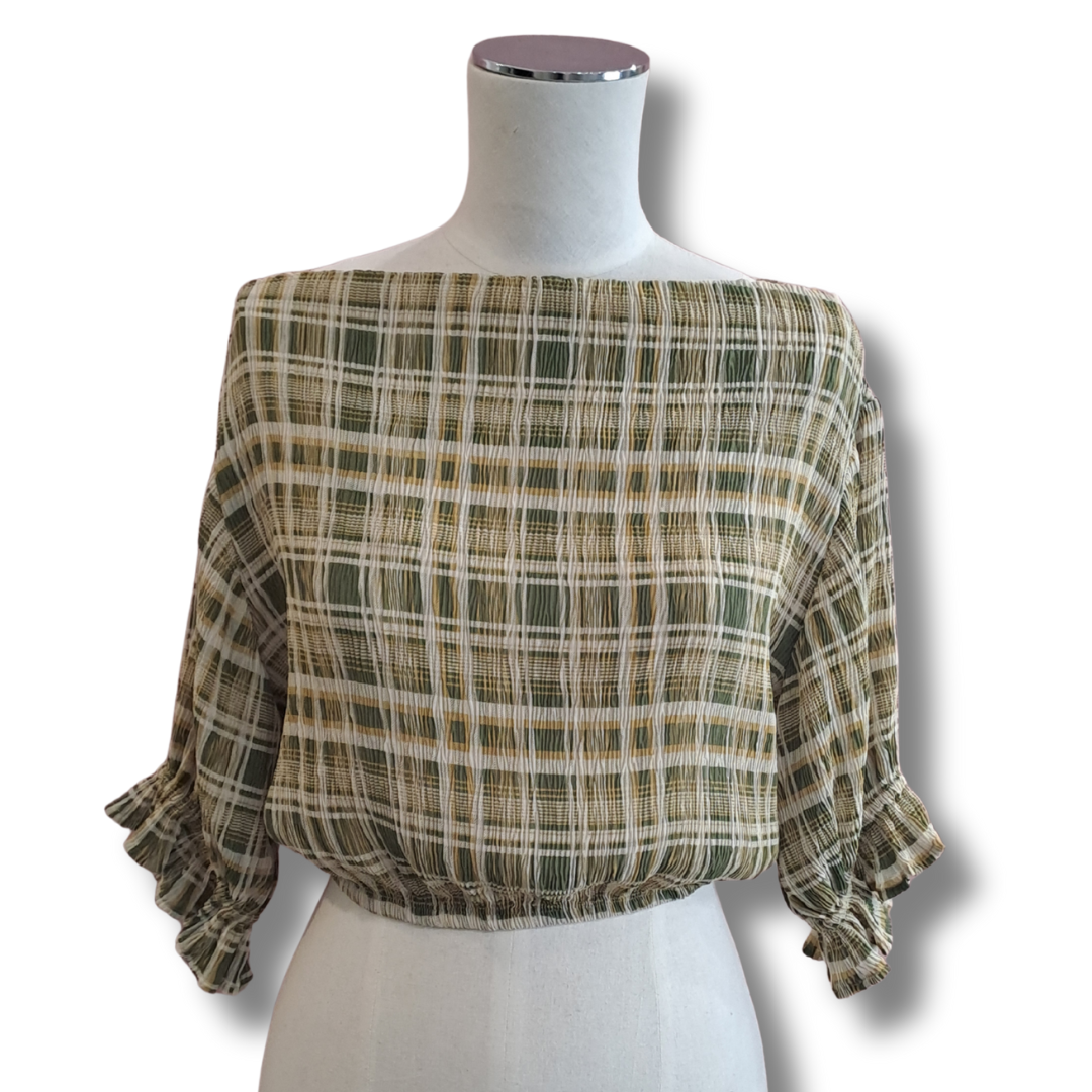 Ruby - Crinkle Olive Gingham Crop - Size 6 - Front
