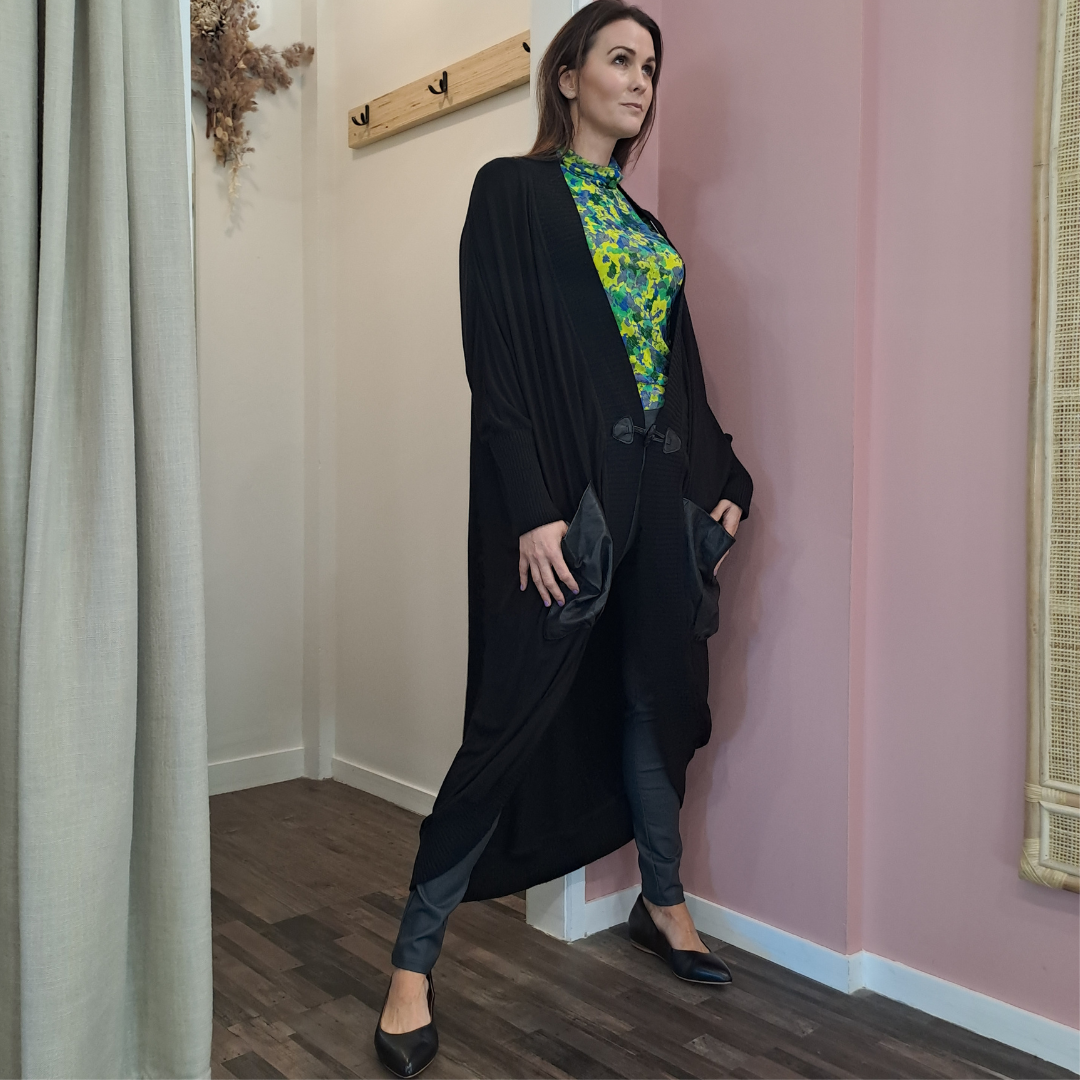 Sabatini - Merino & Leather Trim Cardigan - Length View