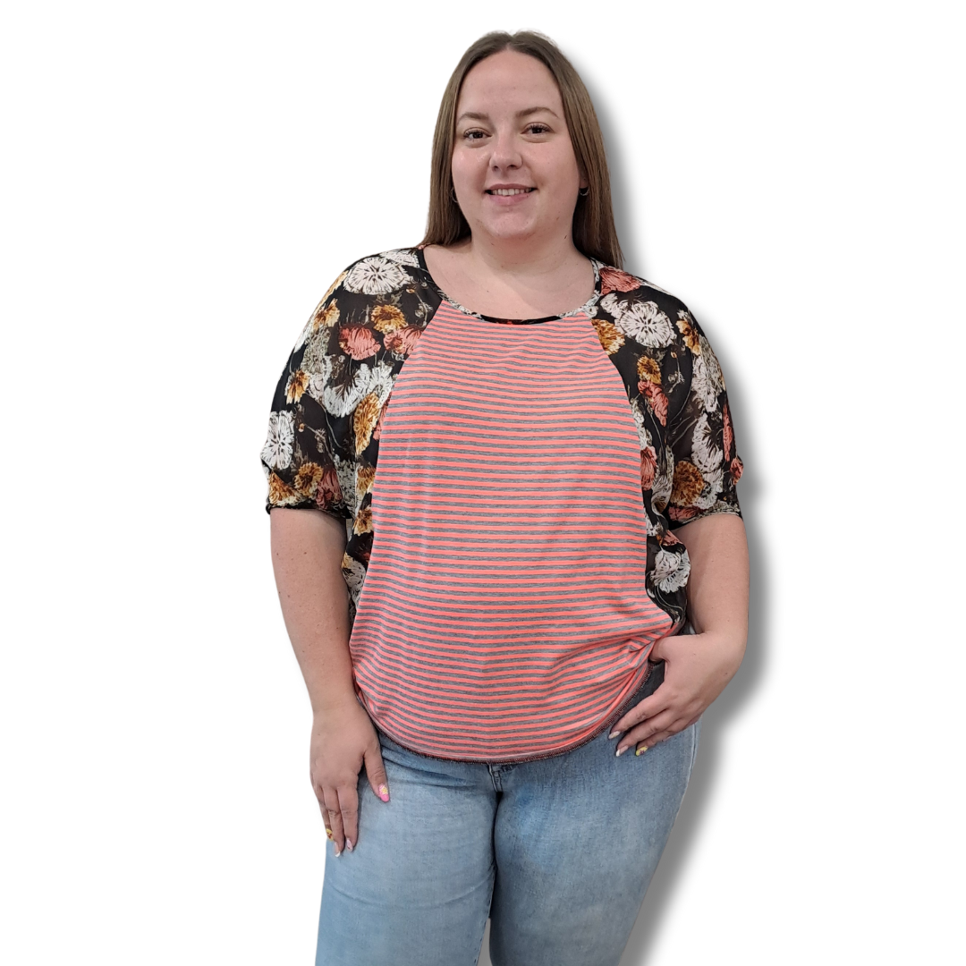 Stella Royal - Floral & Stripe Top - Size 2 (16-18) - Front