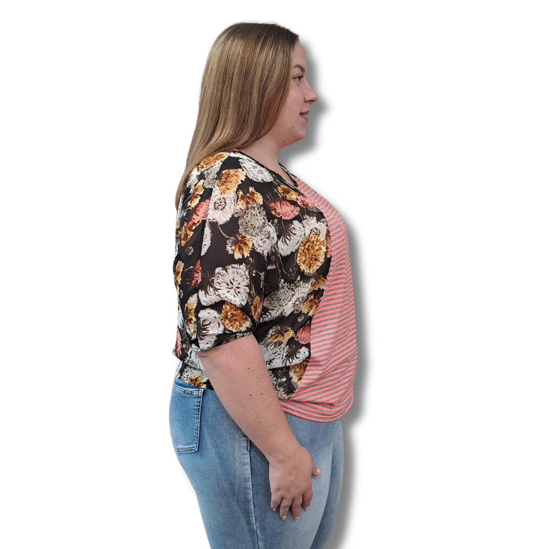 Stella Royal - Floral & Stripe Top - Size 2 (16-18) - Side
