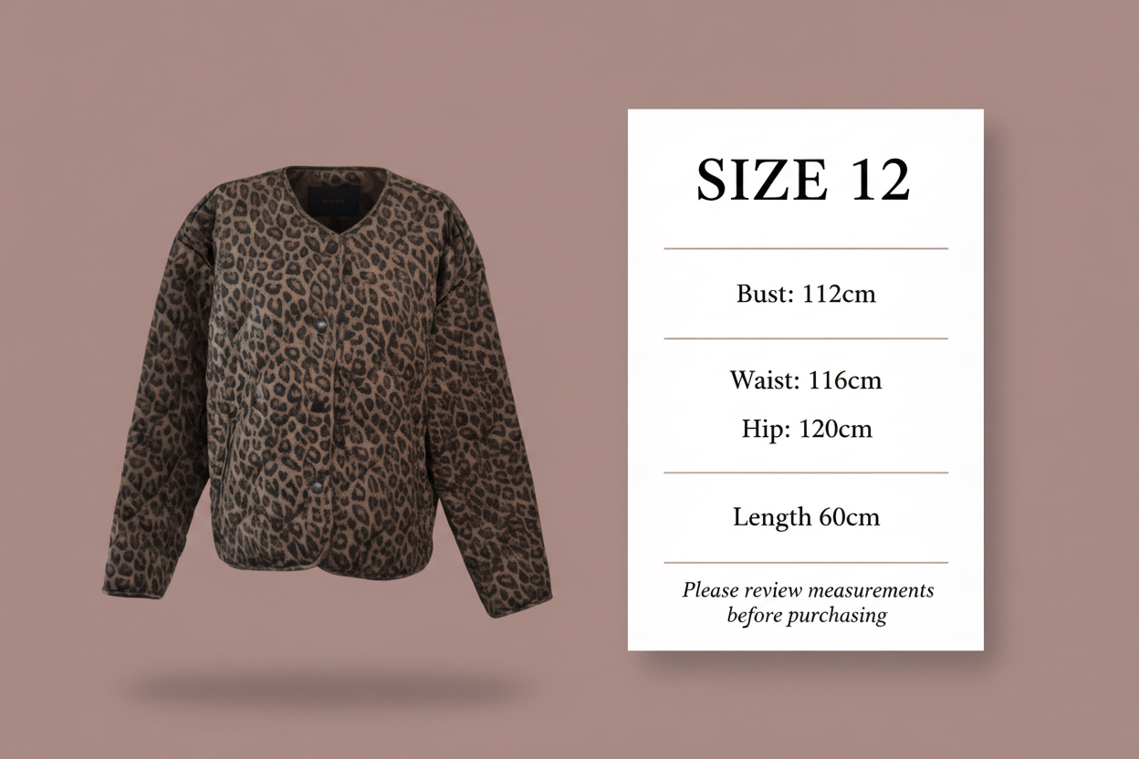 Size chart - Bust: 112cm, Waist: 116cm, Hip: 120cm, Length: 60cm