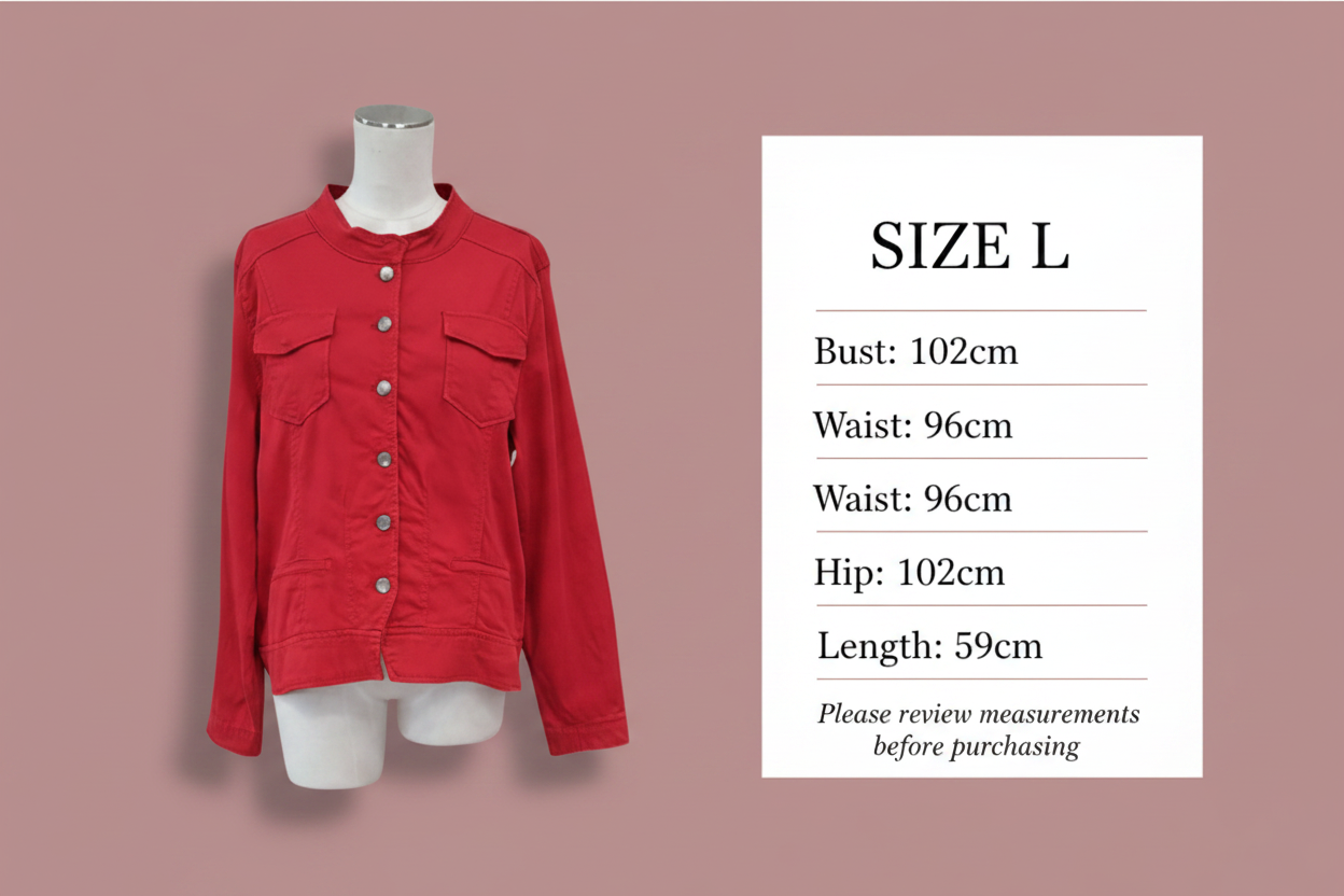 Size chart - Bust: 102cm, Waist: 96cm, Hip: 102cm, Length: 59cm
