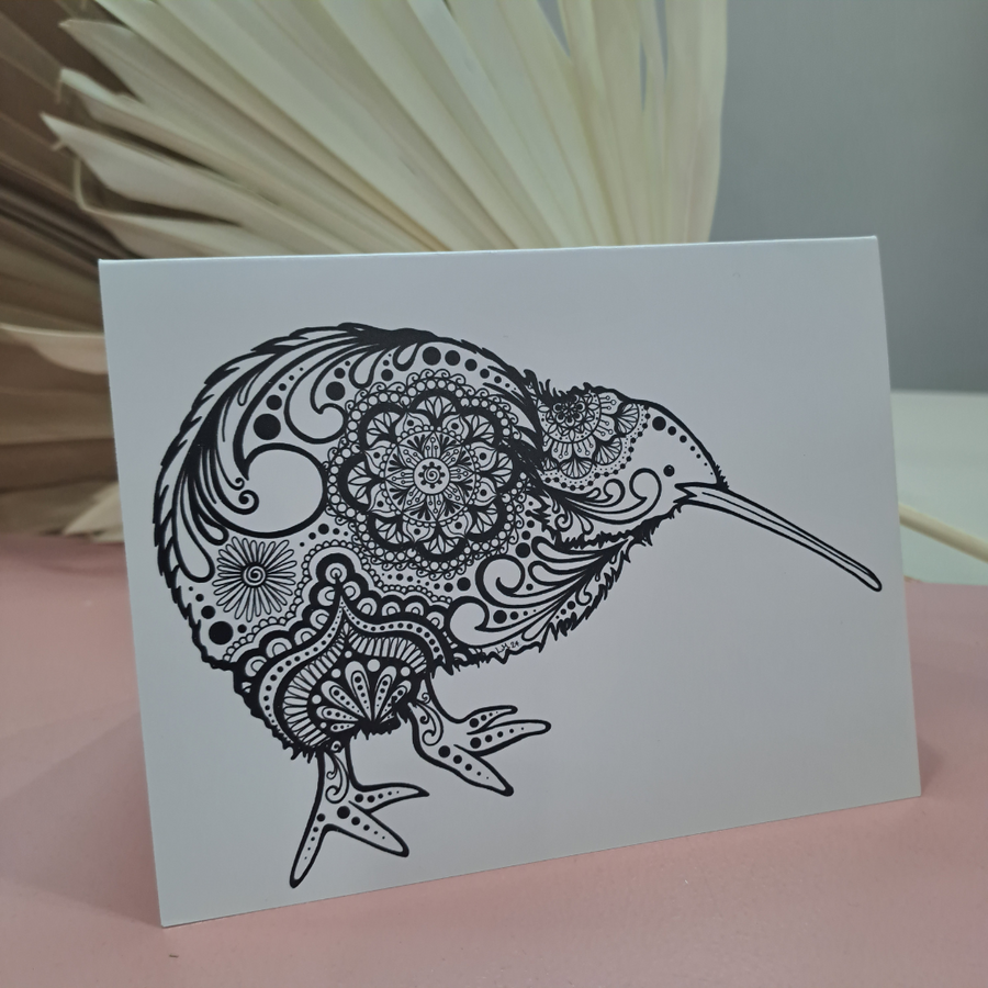 Lizzy McNaught Art - Black & White Kiwi-  Greeting Card