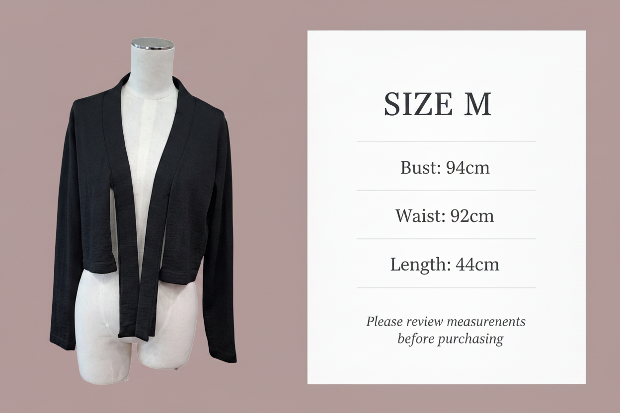 Size chart - Bust: 94cm, Waist: 92cm, Length: 44cm