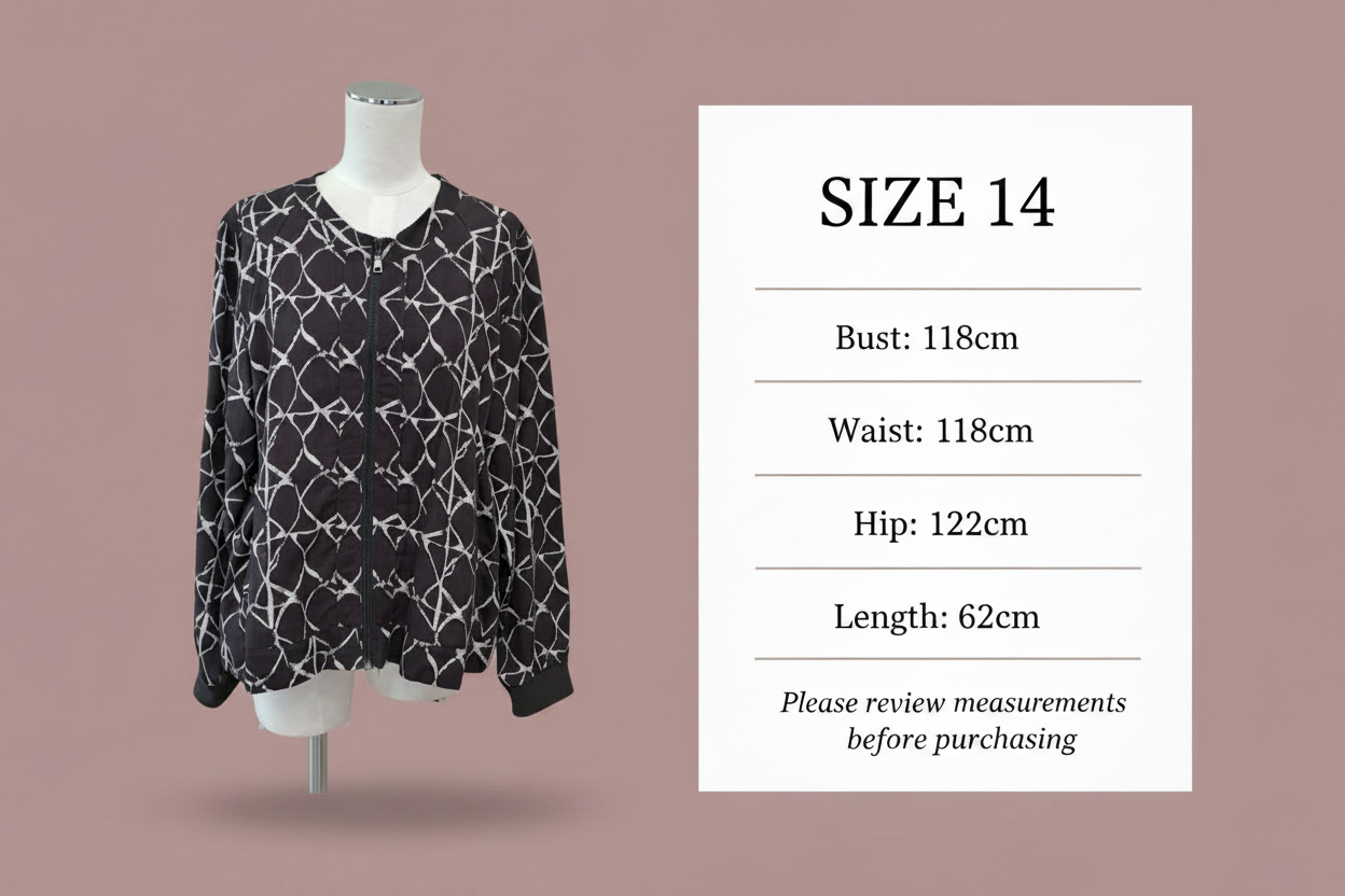 Size chart - Bust: 118cm, Waist: 118cm, Hip: 122cm, Length: 62cm
